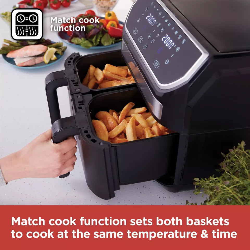 Black & Decker Dual Air Fryer  drawers opened with cooked chips inside