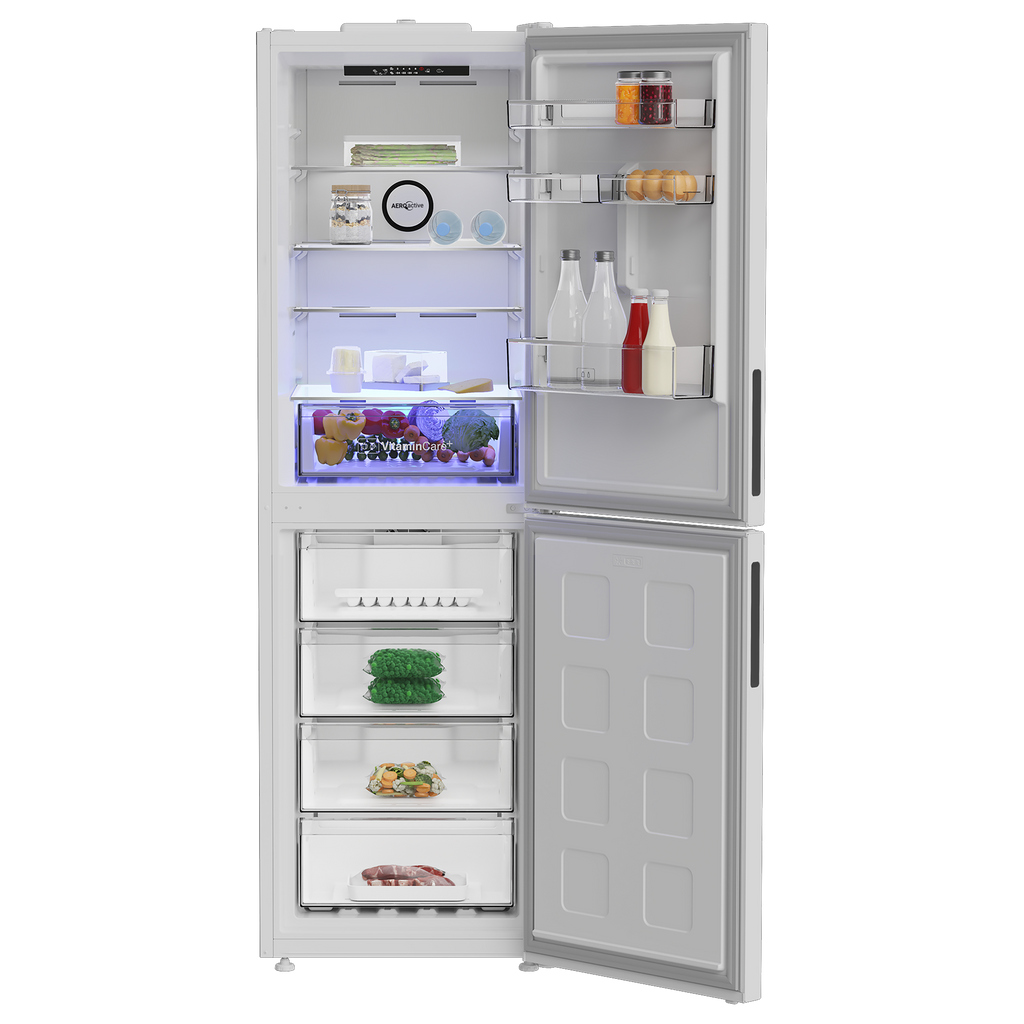 Blomberg KND24692V Vitamin Care + 60cm Frost Free Fridge Freezer White - view of the front of the fridge freezer with both doors open and shelves populated with food items