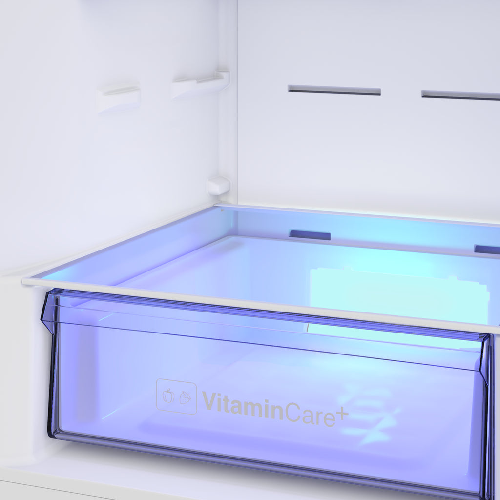 Blomberg KND24692V Vitamin Care + 60cm Frost Free Fridge Freezer White - close-up view of the empty VitaminCare fruit and veg drawer inside the fridge section