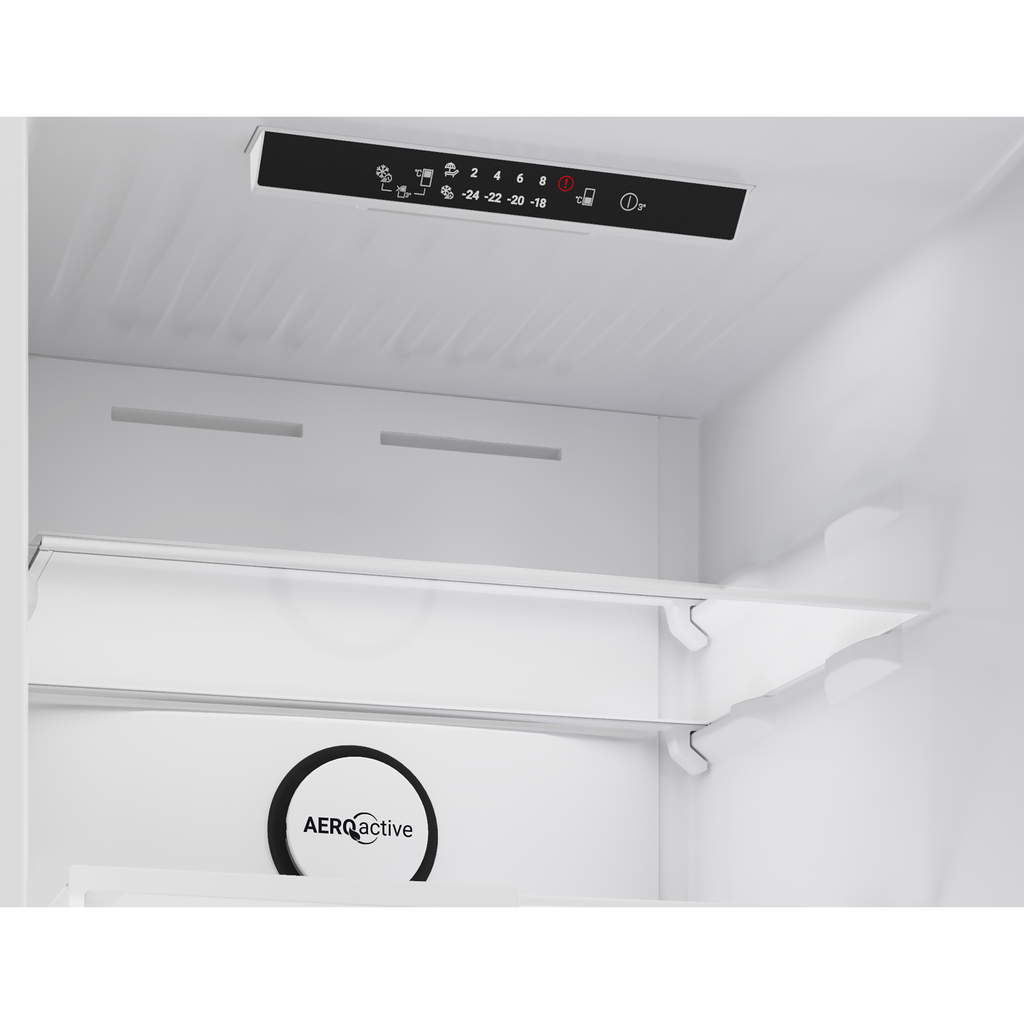 Blomberg KND24692V Vitamin Care + 60cm Frost Free Fridge Freezer White - view of the empty top shelf inside the fridge with the top control panel visible
