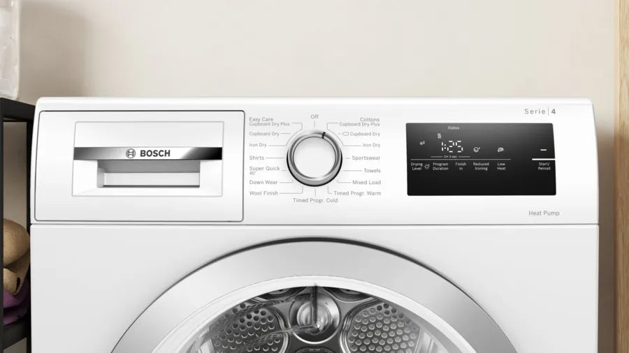 Bosch WTH85223GB 8kg Heat Pump Condenser Dryer - close-up of front panel and controls on machine