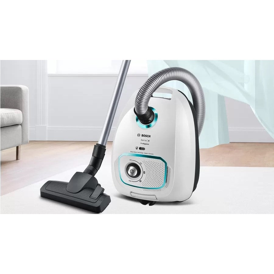 Bosch BGBS4HYGGB Bagged Cylinder Vacuum Cleaner - picture of vacuum cleaner upright in a home setting