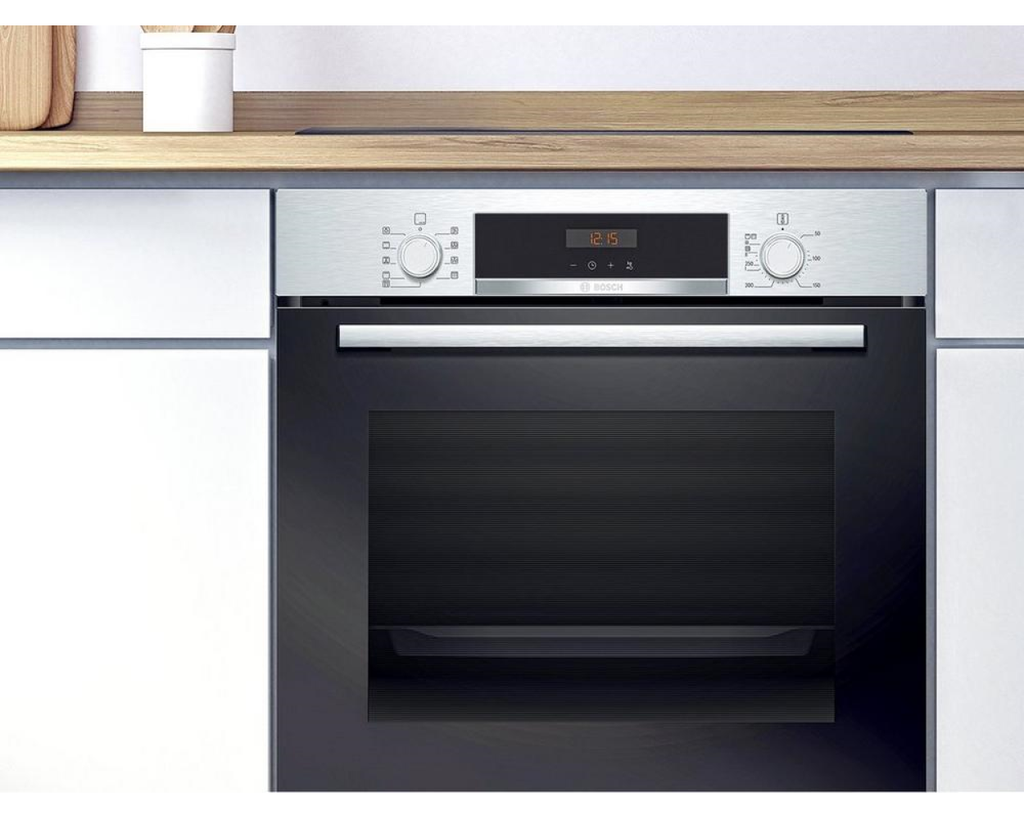 Bosch HBS573BSOB Pyro Single Oven - Stainless Steel - front view of appliance placed in a furnished kitchen space