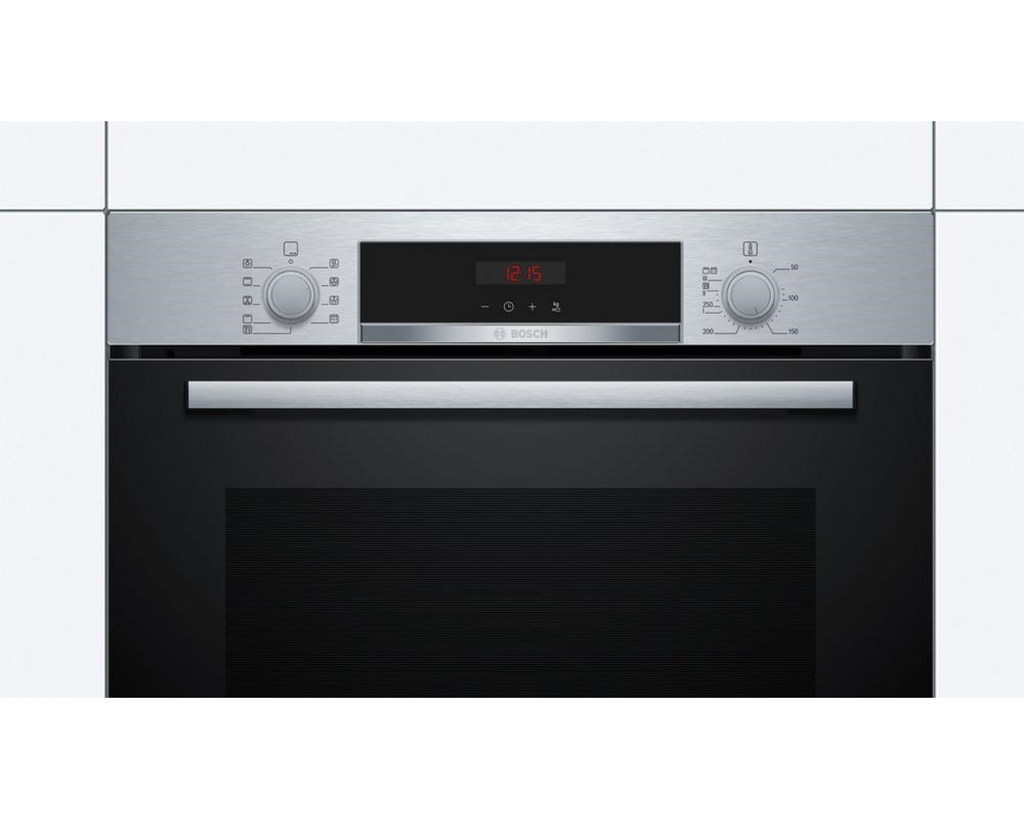 Bosch HBS573BSOB Pyro Single Oven - Stainless Steel - front view of appliance with front control panel and top oven visible