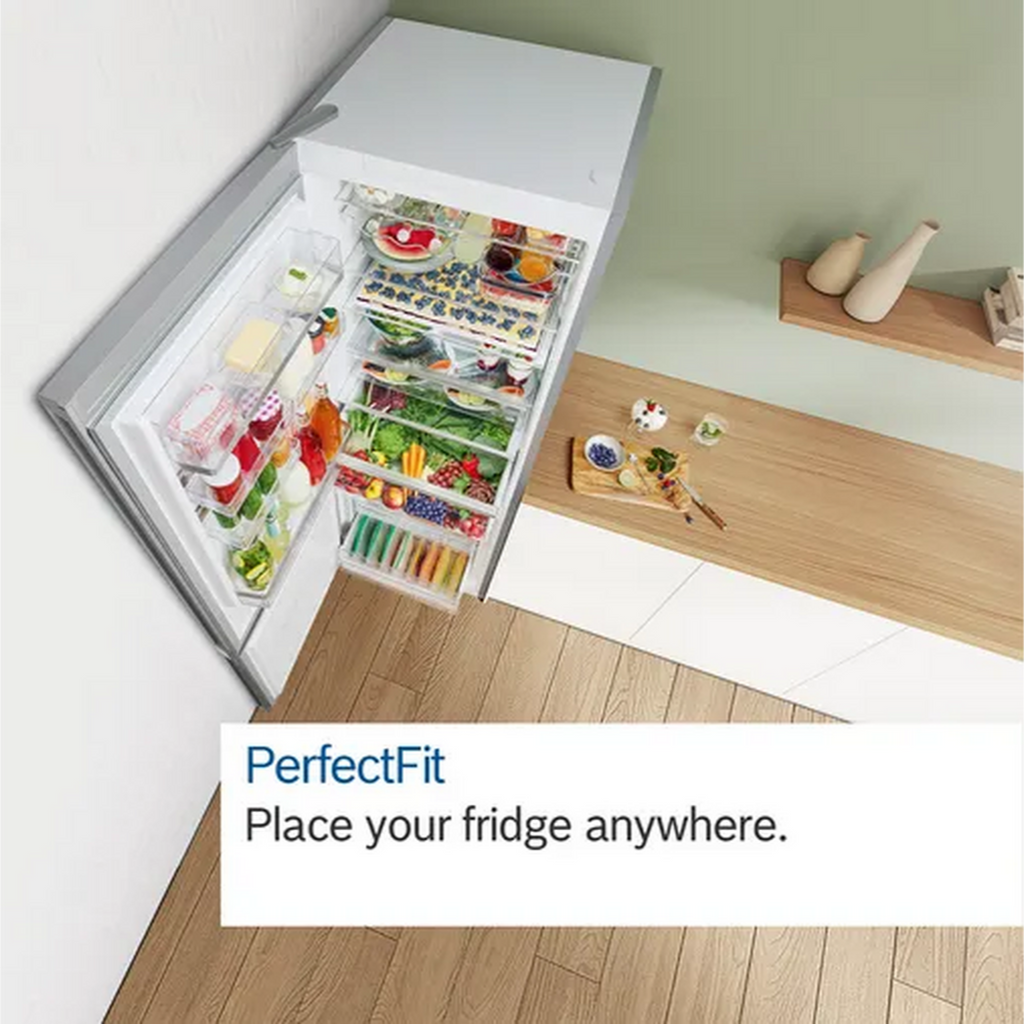 Bosch KGN392LDFG Frost Free Fridge Freezer - picture with overlaid text displaying the PerfectFit functionality of the fridge freezer installation