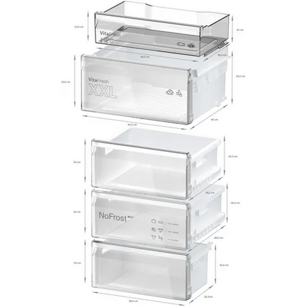 Bosch KGN392LDFG Frost Free Fridge Freezer - picture of all of the fridge freezer drawers stacked on top of each other with dimensions labelled for each drawer