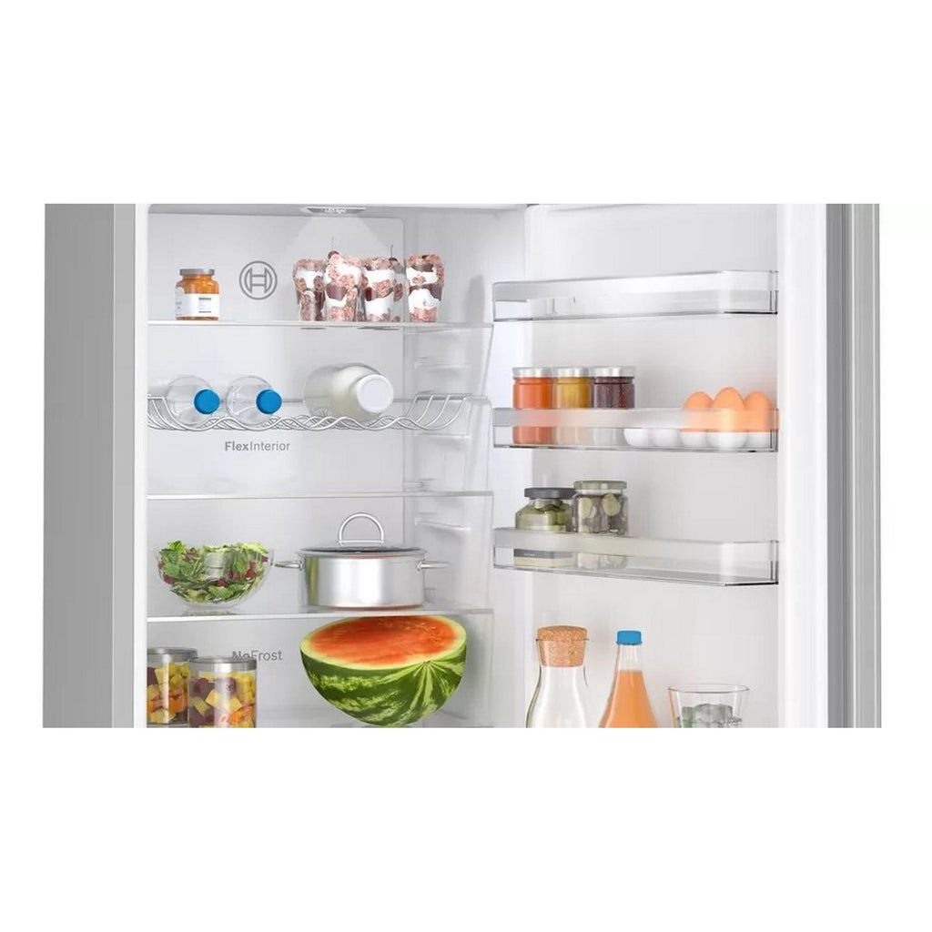 Bosch KGN392LDFG Frost Free Fridge Freezer - close-up of the fridge interior with shelves and door populated with food items