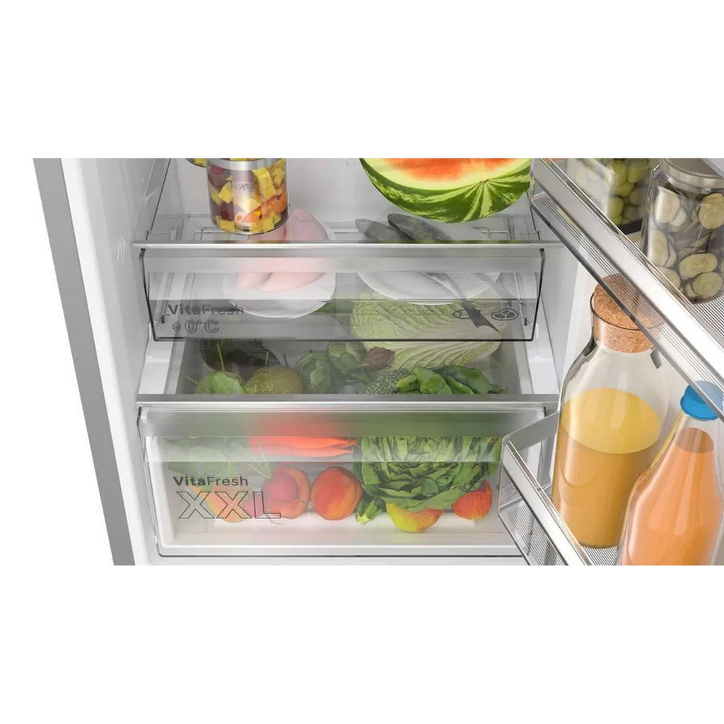 Bosch KGN392LDFG Frost Free Fridge Freezer - close-up of the VitaFresh XXL box compartments inside the fridge populated with fruit and vegetable produce