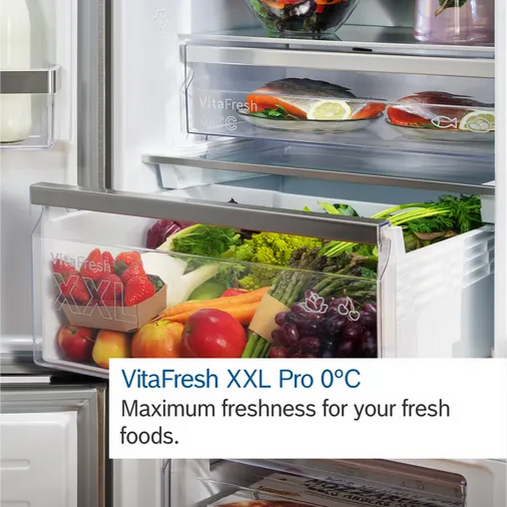 Bosch KGN392LDFG Frost Free Fridge Freezer - picture with overlaid text displaying the VitaFresh XXL Pro fruit and vegetable drawer