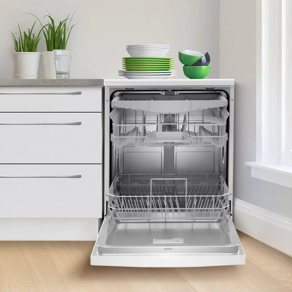 Bosch SMS2HVW67G Dishwasher - front of the Bosch dishwasher pictured in a kitchen interior with the door open and the racks extended out