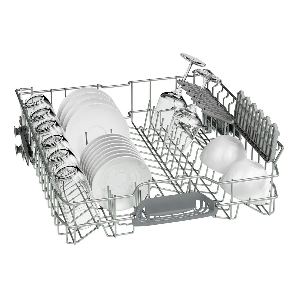 Bosch SMS2HVW67G Dishwasher - the middle dishwasher rack pictured with various dishes and cutlery pieces arranged inside