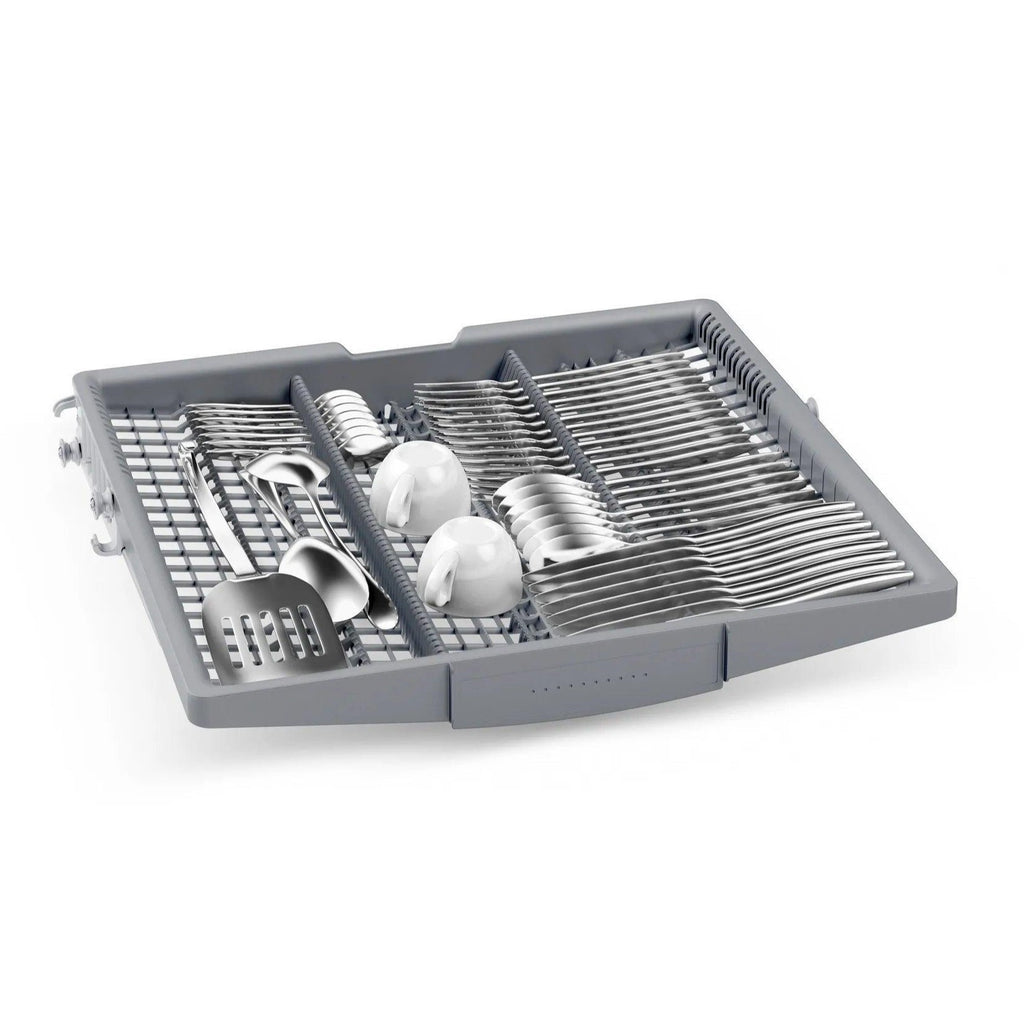 Bosch SMS2HVW67G Dishwasher - the top dishwasher rack pictured with various dishes and cutlery pieces arranged inside