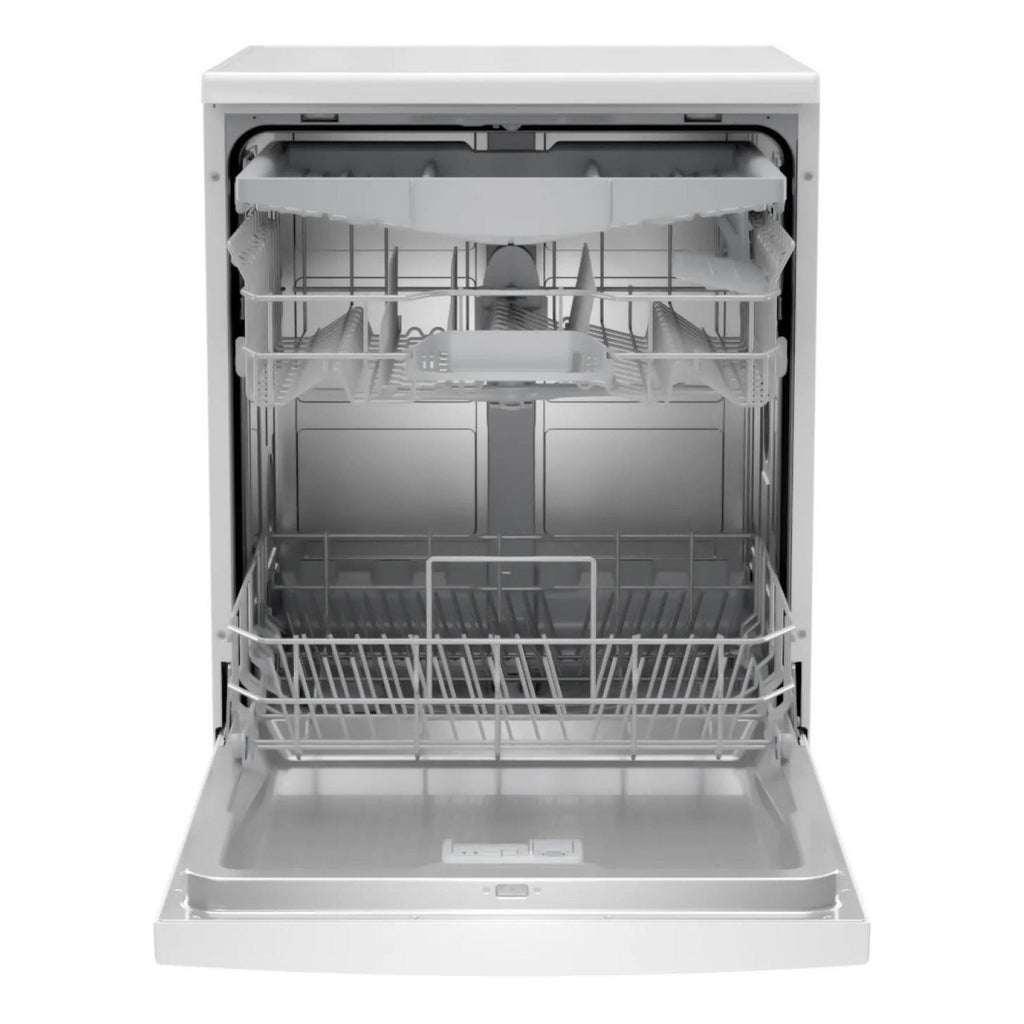 Bosch SMS2HVW67G Dishwasher - front of the Bosch dishwasher with the door open and racks extended out, pictured on a plain white background