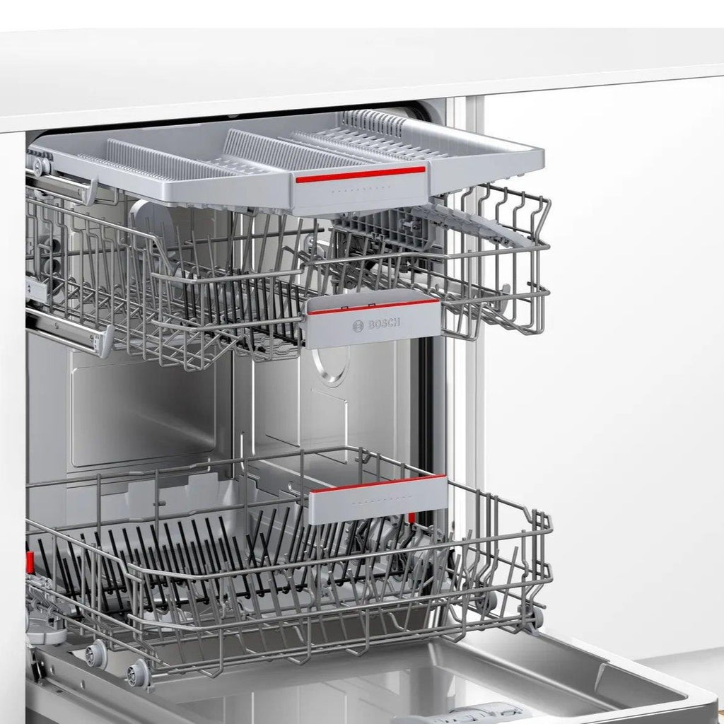 Bosch SMV4HVX00G Fully Integrated Dishwasher - Bosch dishwasher door fully open with all racks displayed