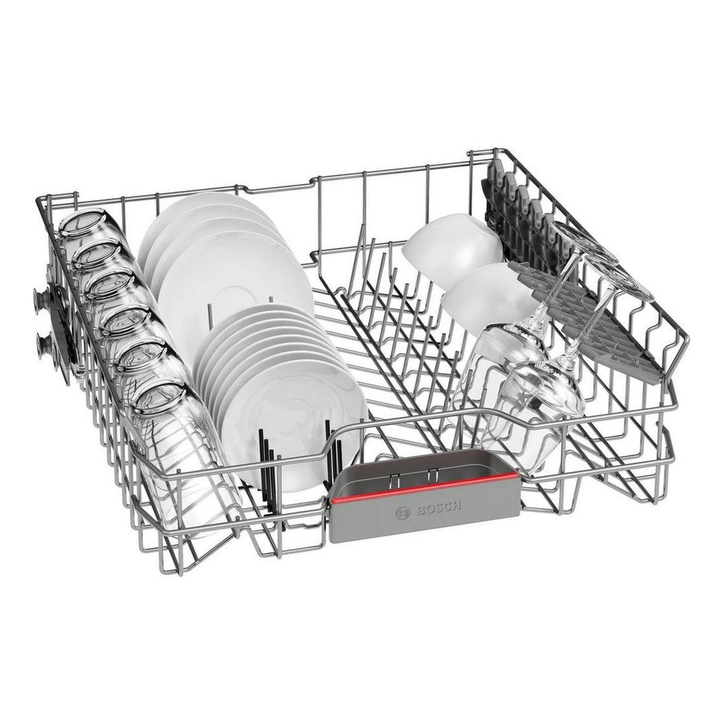 Bosch SMV4HVX00G Fully Integrated Dishwasher - Bosch dishwasher middle rack pictured only populated with dishes and cutlery, on a plain white background