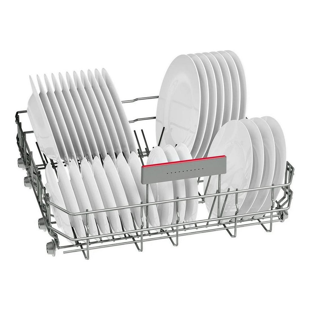 Bosch SMV4HVX00G Fully Integrated Dishwasher - Bosch dishwasher bottom rack pictured only populated with dishes and cutlery, on a plain white background