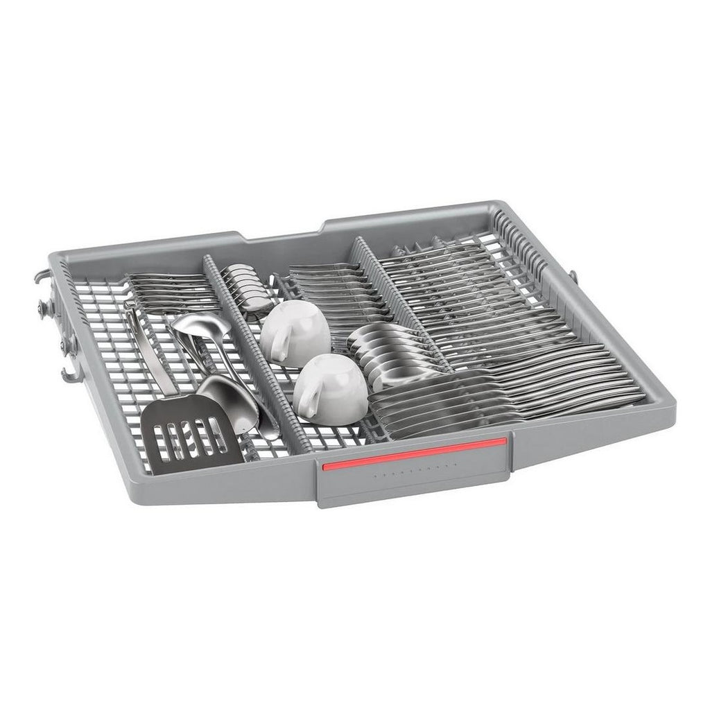 Bosch SMV4HVX00G Fully Integrated Dishwasher - Bosch dishwasher top rack pictured only populated with dishes and cutlery, on a plain white background