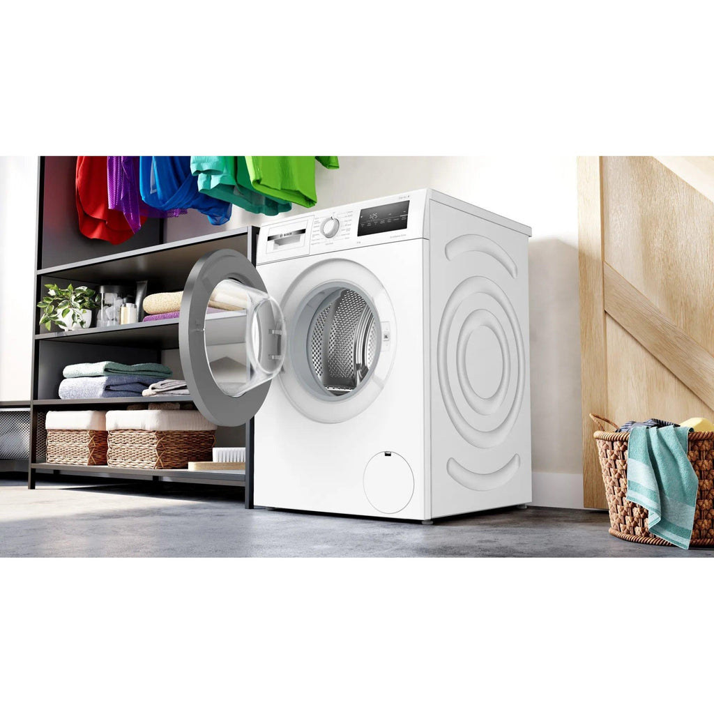 Bosch WAN28258GB Washing Machine 8kg 1400 Spin - Bosch washing machine pictured with door open placed beside laundry organisers and laundry items