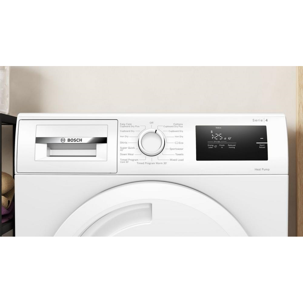 Bosch WTH84001GB 8kg Heat Pump Condenser Dryer - front view of appliance front control panel pictured in a home setting