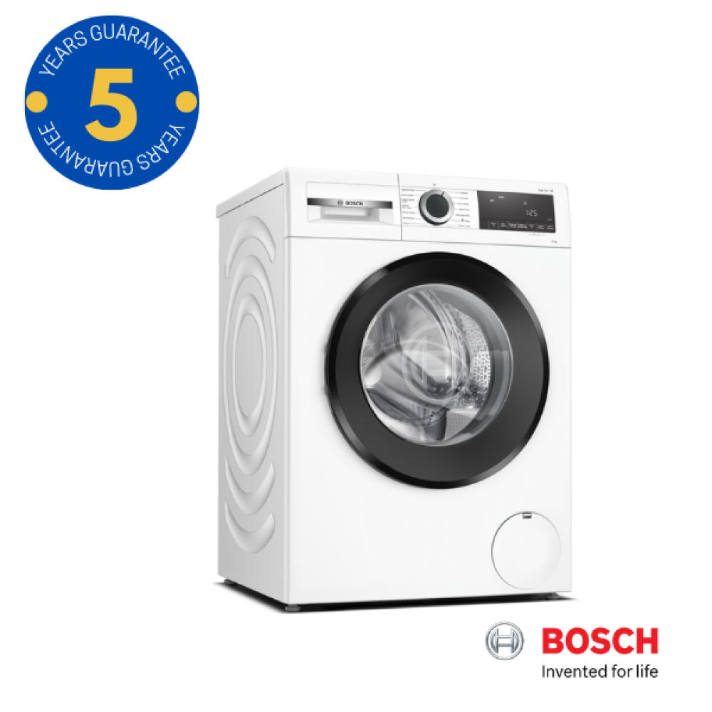 Bosch WGG04409GB 9kg 1400 Spin Speed Washing Machine - front of machine with 5 year guarantee sticker and bosch logo
