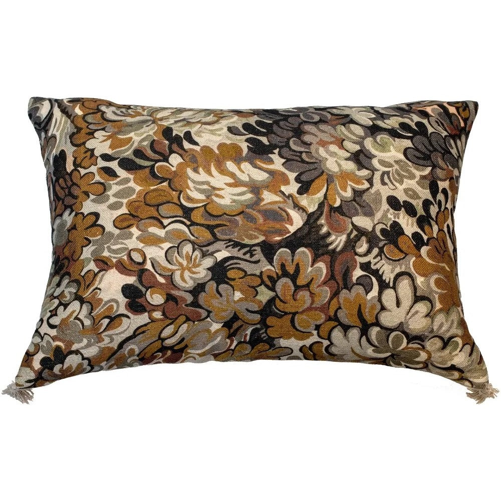 Chloe Earthy Floral On Linen With Tassells 35x55 Cushion - front of the Chloe cushion showing the floral design with tassels