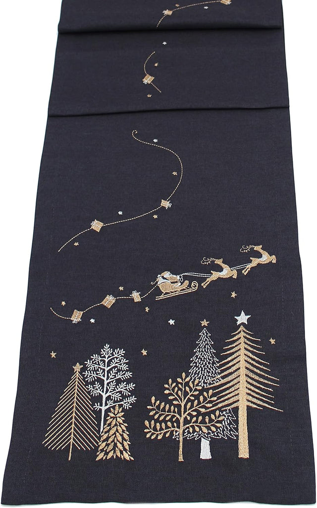 Blue Table runner with golden Christmas tree, Santa Claus and reindeers 