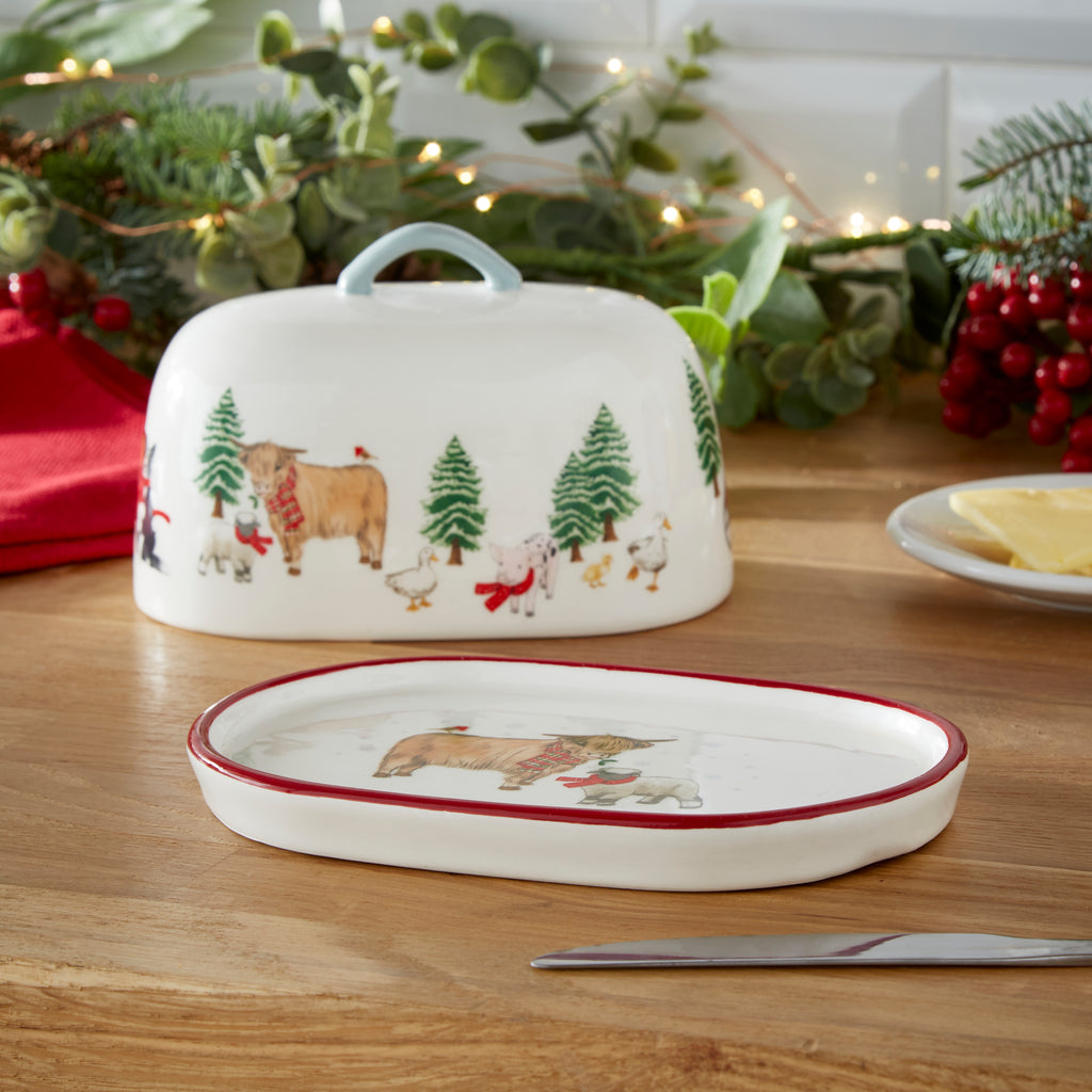 Cooksmart Christmas On The Farm Ceramic Butter Dish with the lid off