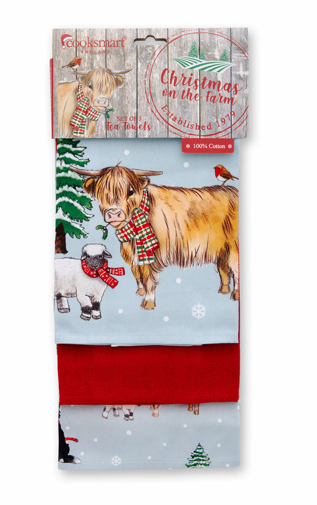 Cooksmart Christmas On The Farm 3pk Tea Towels front facing