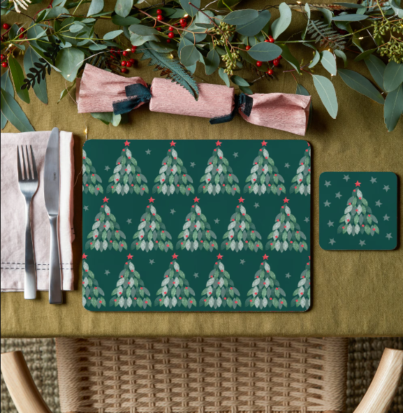 Evergreen coaster with Christmas tree on the front, lifestyle