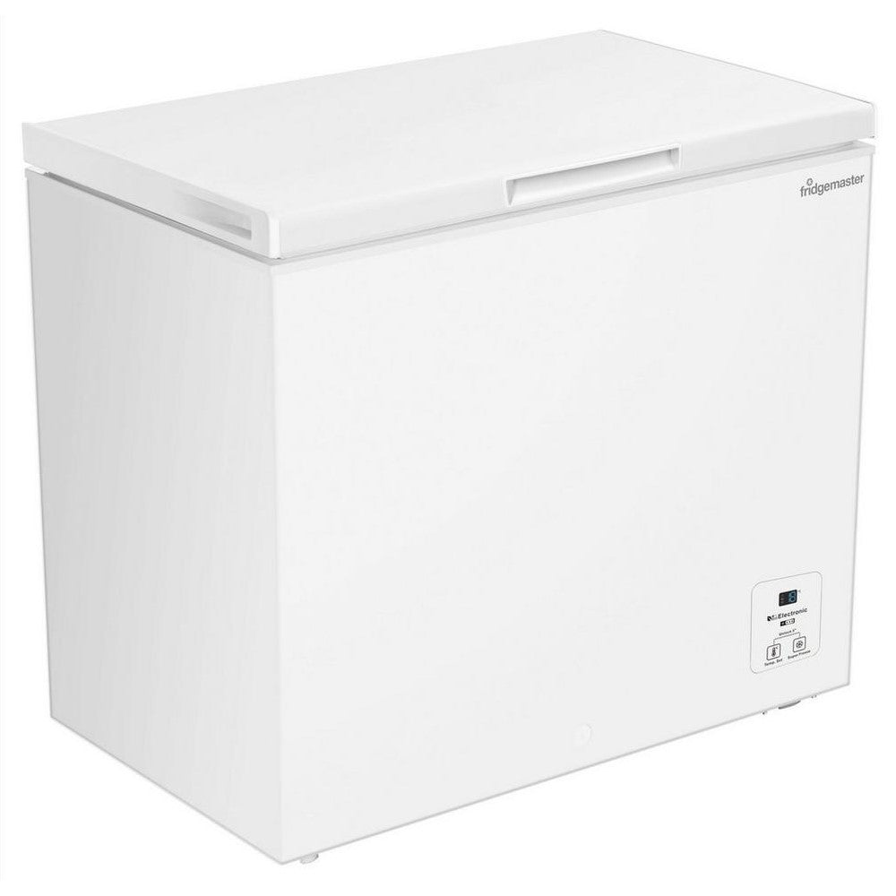Fridgemaster MCF198E Chest Freezer - front view of appliance at an angle, sides of appliance visible