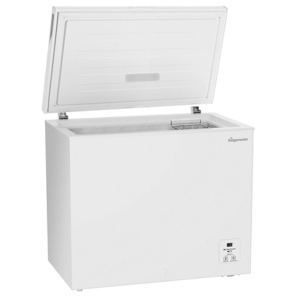 Fridgemaster MCF198E Chest Freezer - front view of appliance with top door hatch open