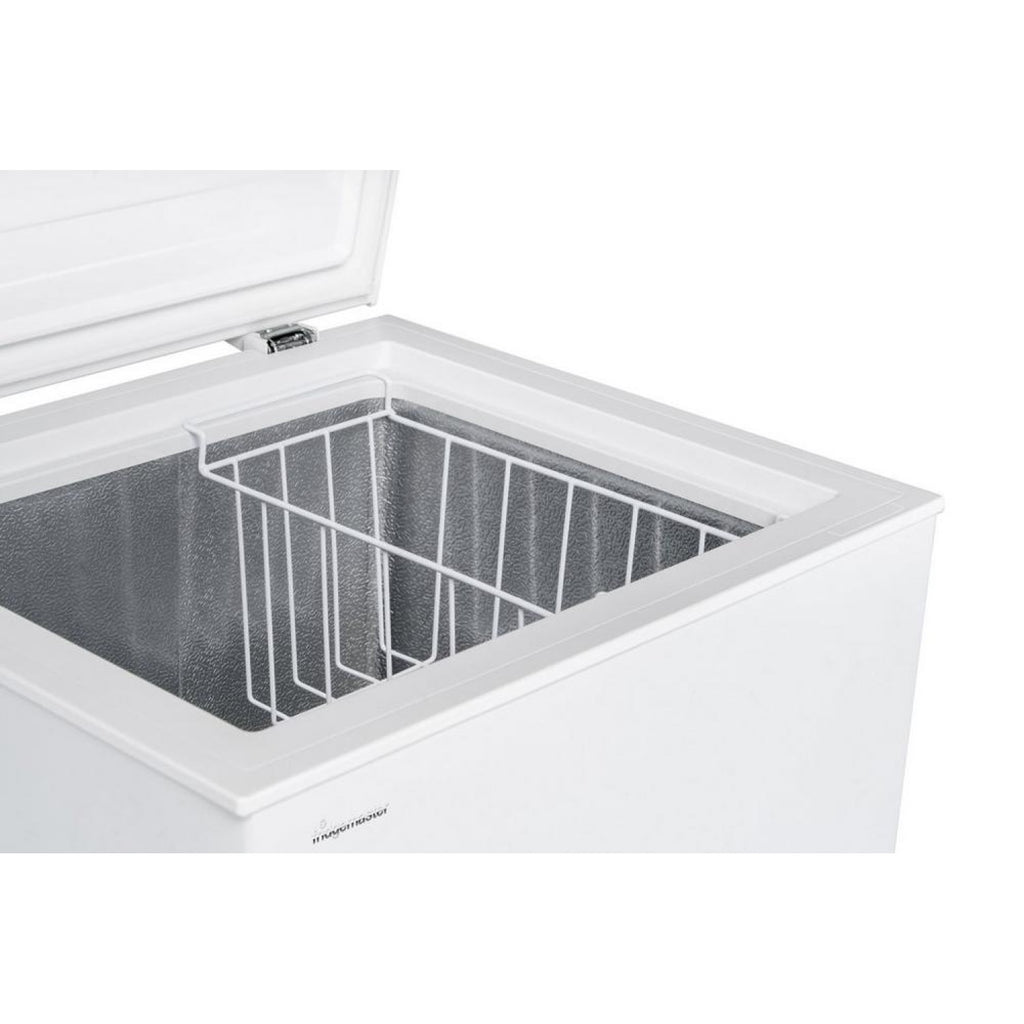 Fridgemaster MCF96E Chest Freezer 96 Litres - White - close-up of open door hatch with inside basket visible