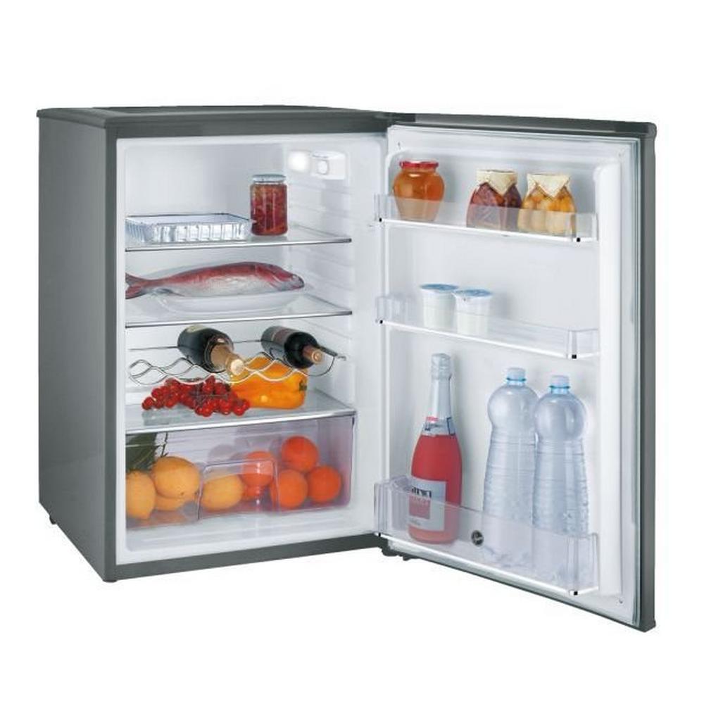 Hoover HFLE54XKN 55cm Larder Fridge Silver - view of front with appliance door open and food items arrayed inside