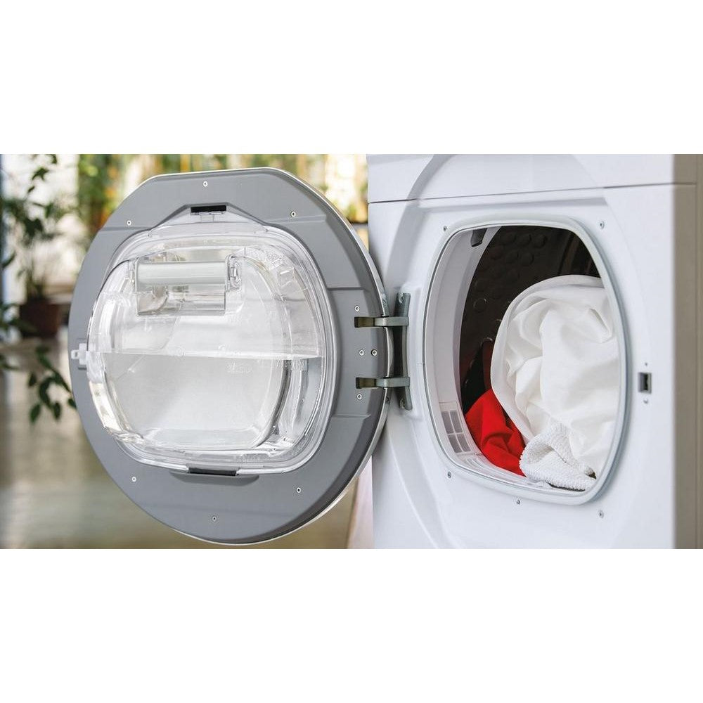 Hoover HLEC9TE 9kg Condenser Dryer WIFI - White - front view at an angle with appliance door fully open and clothing pictured inside drum