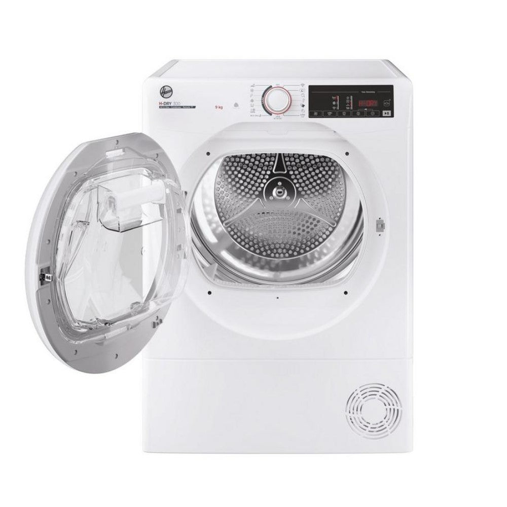 Hoover HLEC9TE 9kg Condenser Dryer WIFI - White - front view of appliance with appliance door open