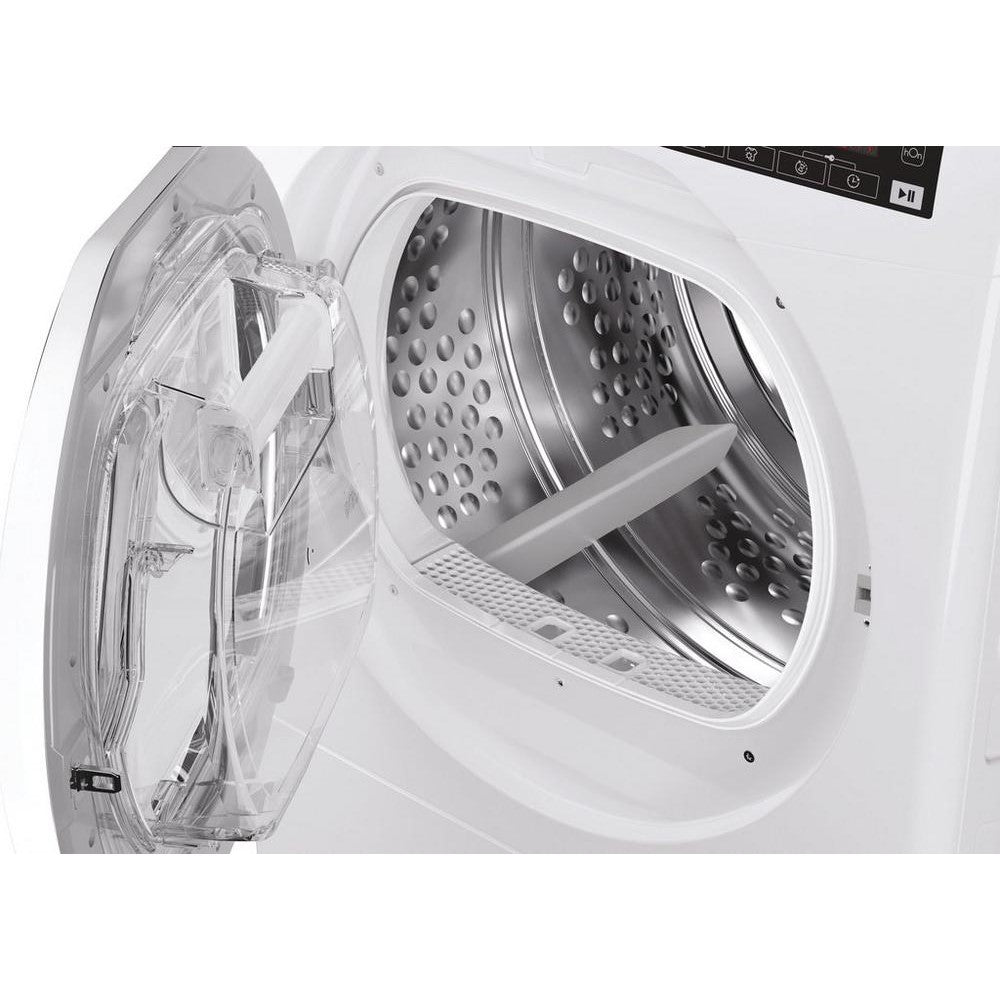 Hoover HLEC9TE 9kg Condenser Dryer WIFI - White - view of appliance door with close-up of an empty drum 