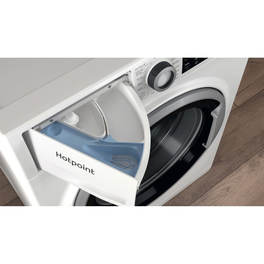 Hotpoint NSWE846WSUK 8kg-1400 Spin Speed Washing Machine - close-up view of the opened detergent tray pictured at an angle from the left