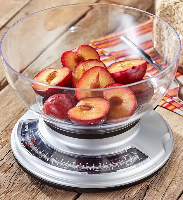 Judge J406 Kitchen Scale With Clear Bowl - front view of scale with fruit inside bowl and placed on a table