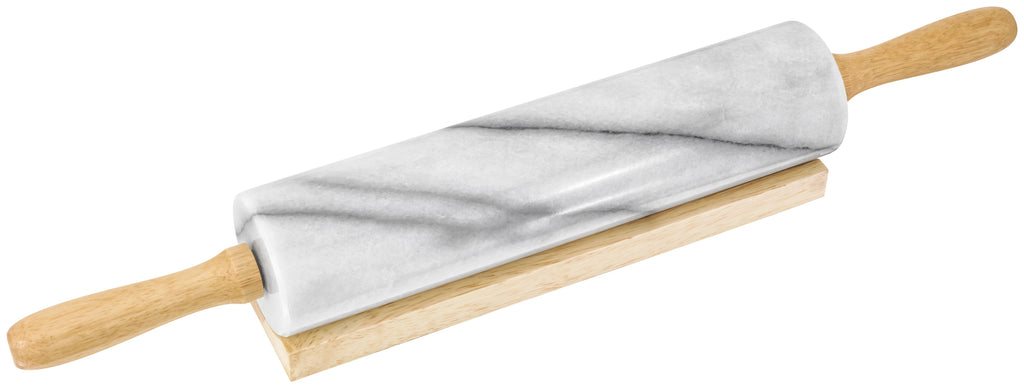 Judge H350 marble rolling pin sitting on the wooden stand