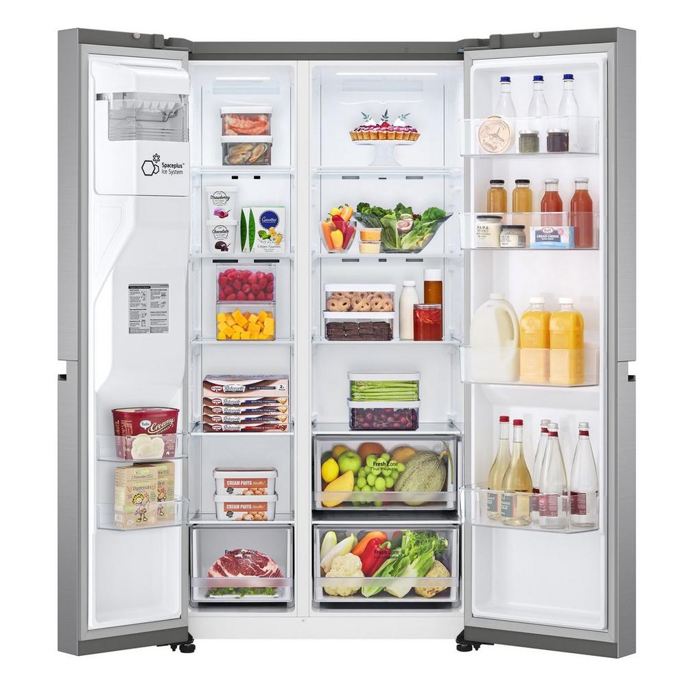 LG GSLV50PZXL American Style Fridge Freezer - Stainess Steel - view of front of appliance with door open and food populating all shelves