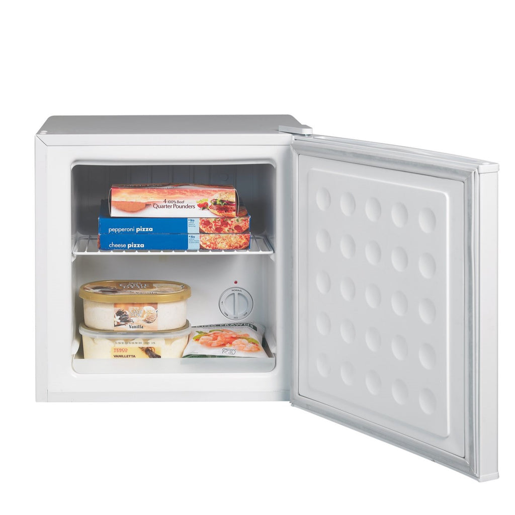 Lec U50052W White Table Top Freezer - 31 Litres - front view with door open and freezer food populating inside of appliance