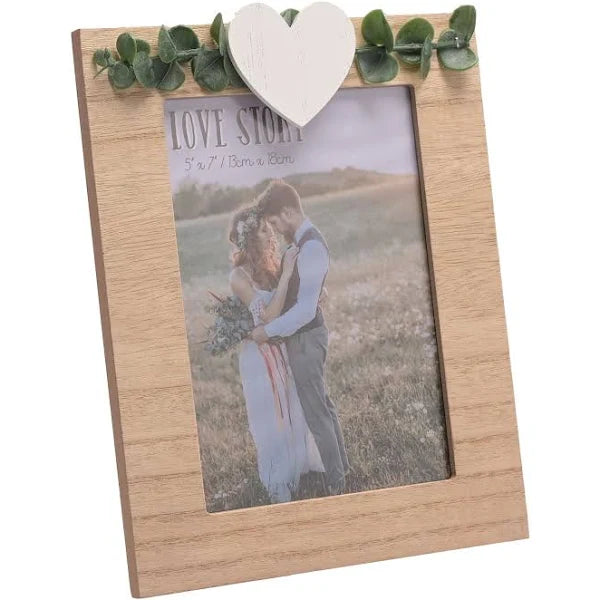 Love Story Rustic Frame with Heart and Leaves