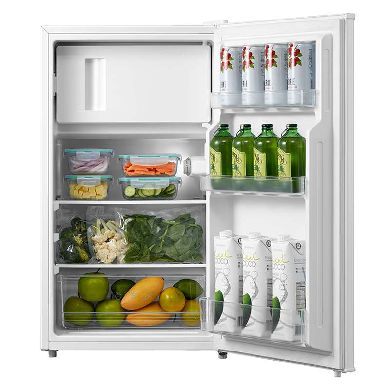Midea MDRD125FGF01 Fridge with Ice box - front  with door open and inside populated with food items