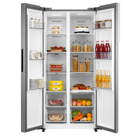 Midea MDRS619FGF46 American Style Fridge Freezer - front view of appliance with doors open and food populating all shelves