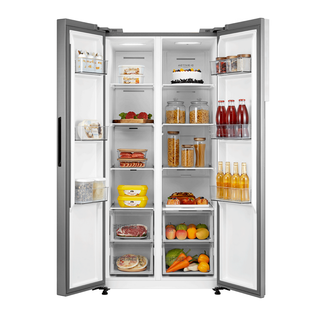 Midea MDRS619FIE46 American Style Fridge Freezer - view of the front of the fridge freezer with both doors open and food items populating the inside shelves