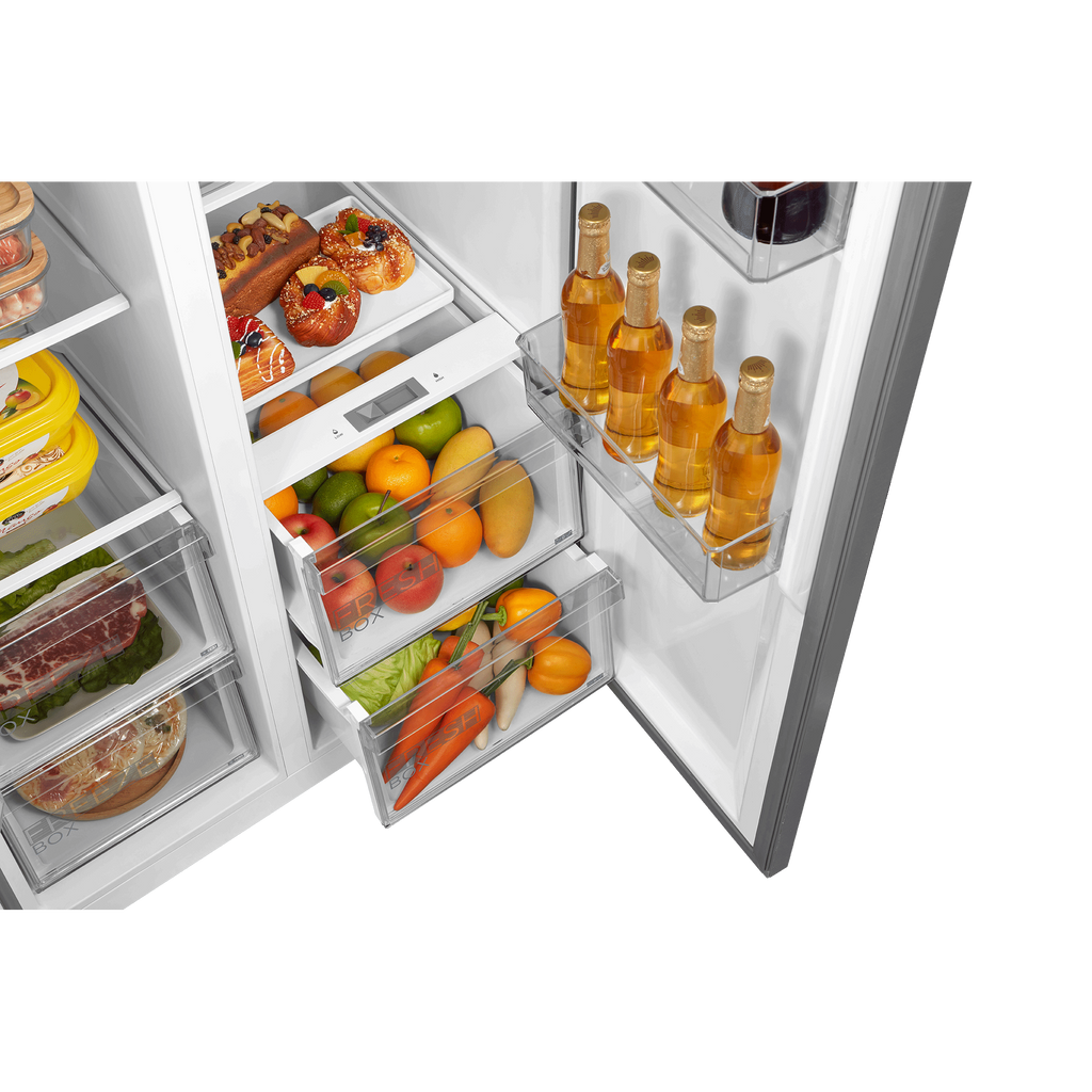 Midea MDRS619FIE46 American Style Fridge Freezer - close-up of the bottom fridge and freezer box drawers with various vegetables, fruits and frozen items populated inside