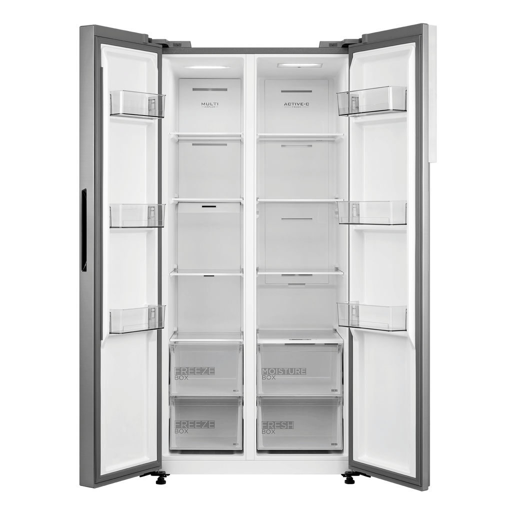 Midea MDRS619FIE46 American Style Fridge Freezer - view of the front of the fridge freezer with both doors open and empty shelving