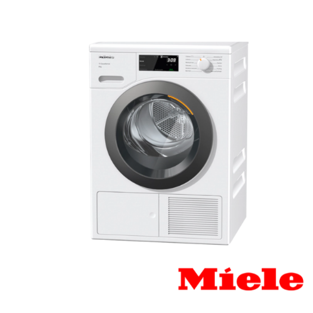 Miele TED265WP 8kg Heat Pump Dryer - White - view of front of appliance with miele logo inserted in the bottom right corner