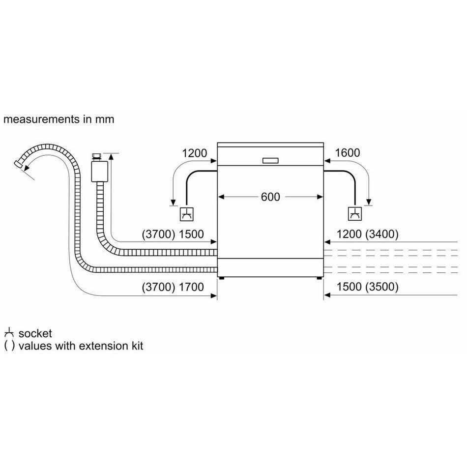 Neff S155HVX00G Fully Integrated Dishwasher 14 Place Setting - picture of the middle rack populated with dishes and cutlery - drawing of the dishwasher plumbing dimensions