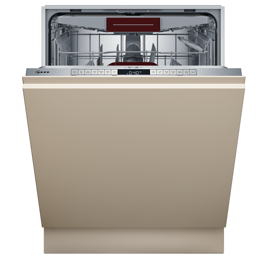 Neff S155HVX00G Fully Integrated Dishwasher 14 Place Setting - front of the Neff dishwasher with door slightly open